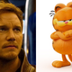 An image of Chris Pratt next to his next voice-over gig: Garfield the cat.